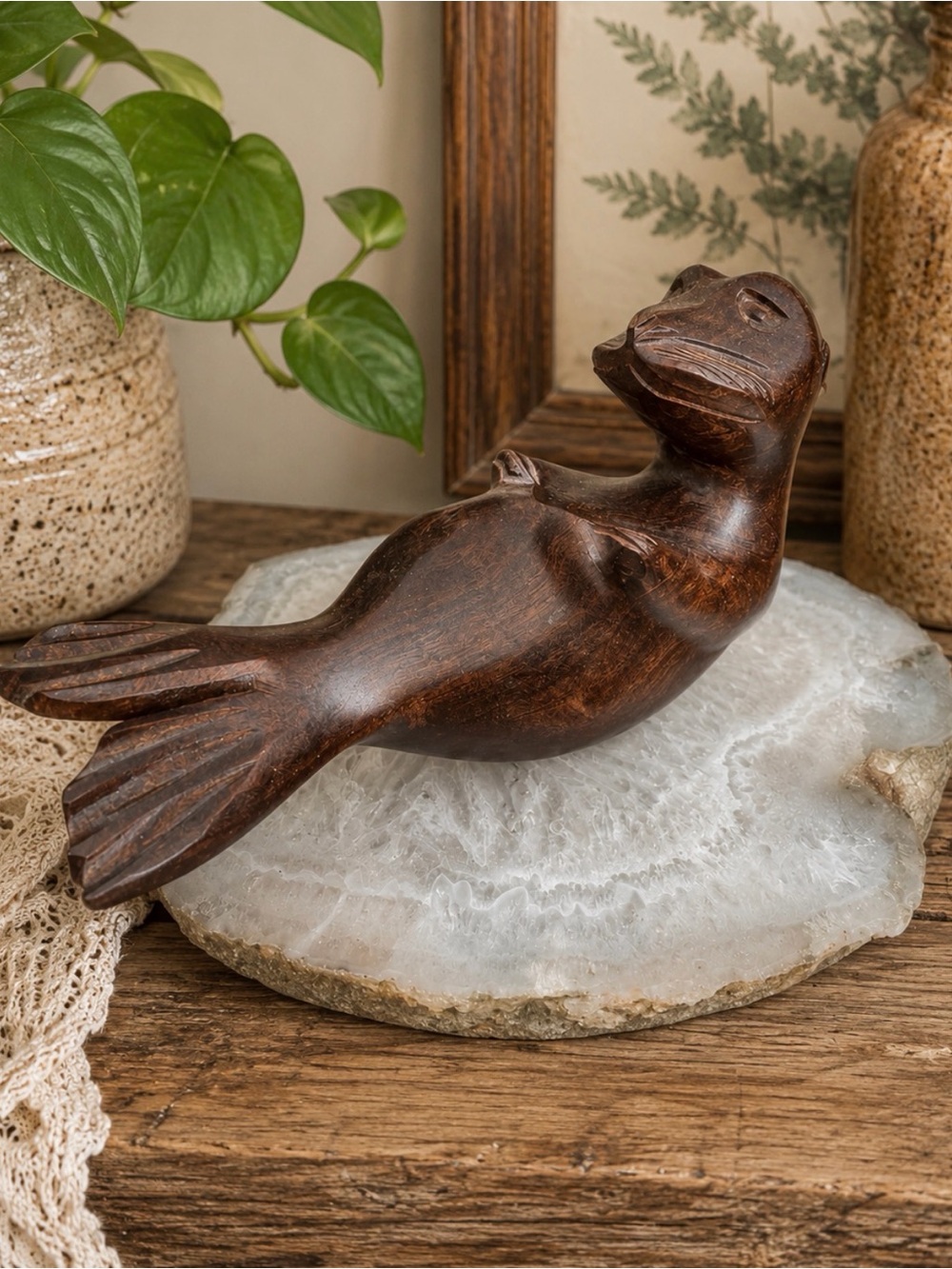 Hand Carved Wooden Otter | Large Agate Slab